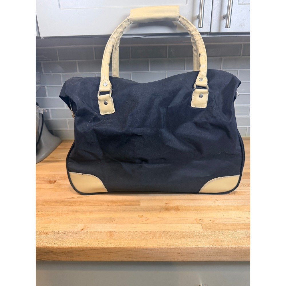 Black Canvas Duffle Bag Cream Trim Weekend Travel Overnight Carry On Luggage